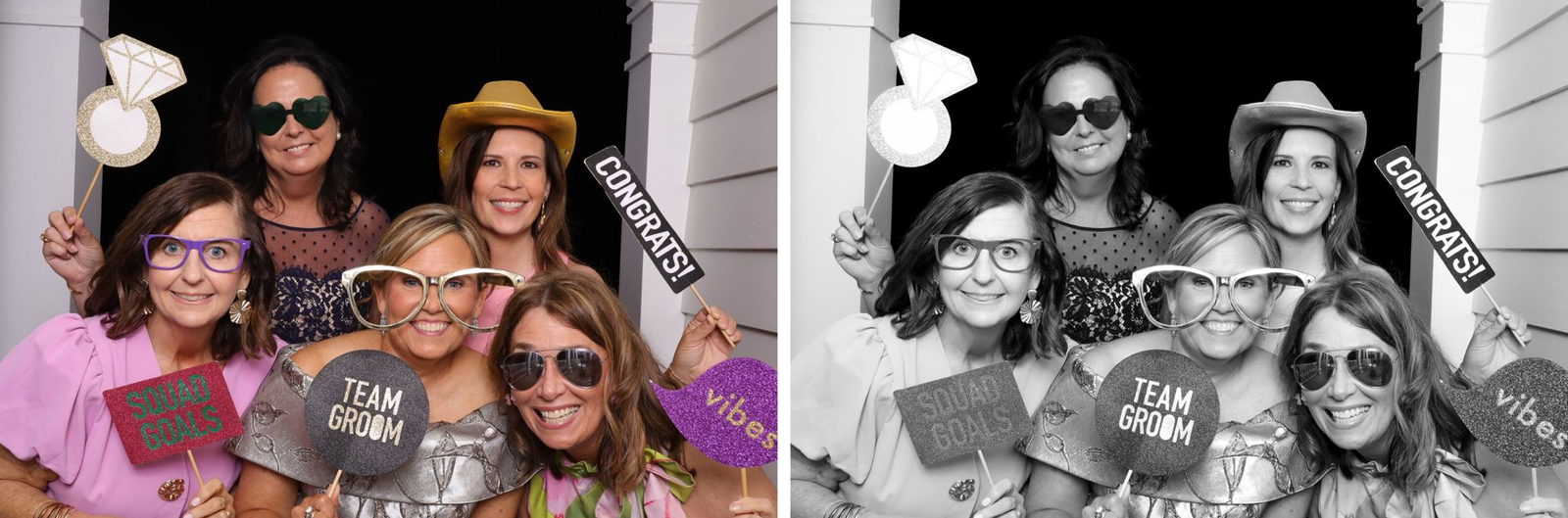 The same photo booth capture shown in color and in glam black and white at a Louisiana wedding