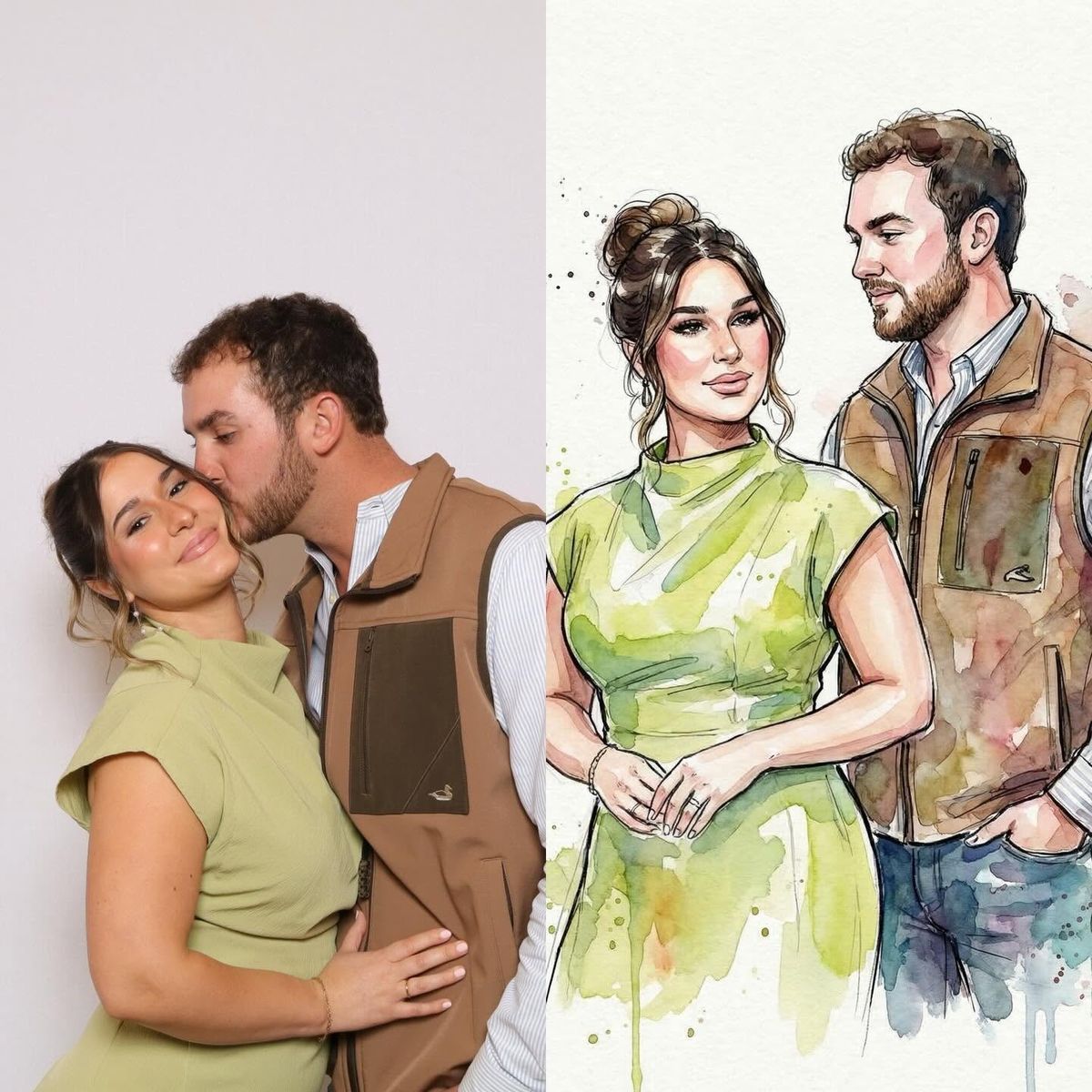 A couple in green and a vest next to their watercolor sketch