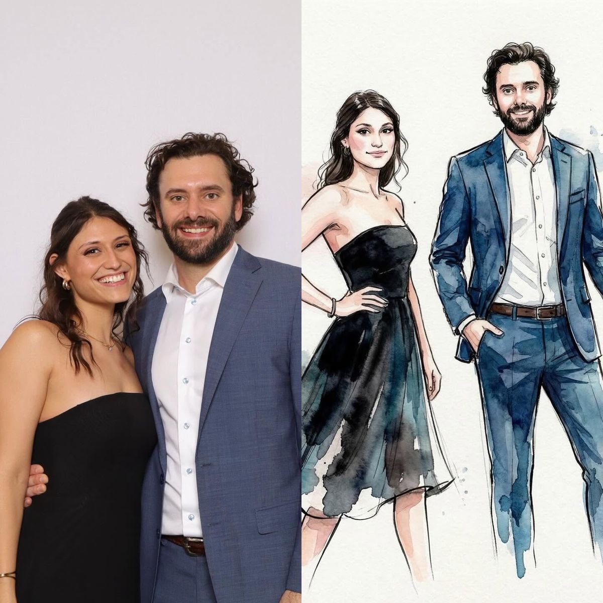 A couple in formal wear beside their watercolor sketch portraits